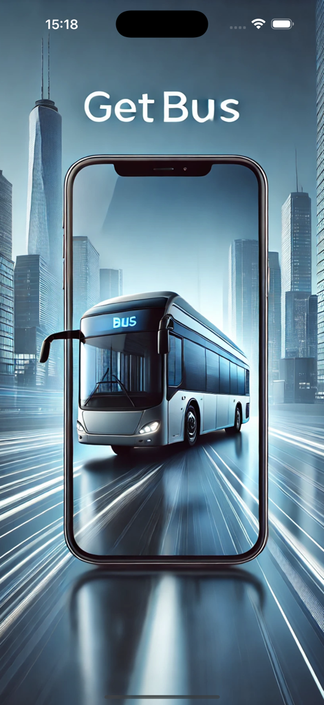 getBUS - Smartphone displaying a modern bus in a futuristic city for the getBUS tracking app