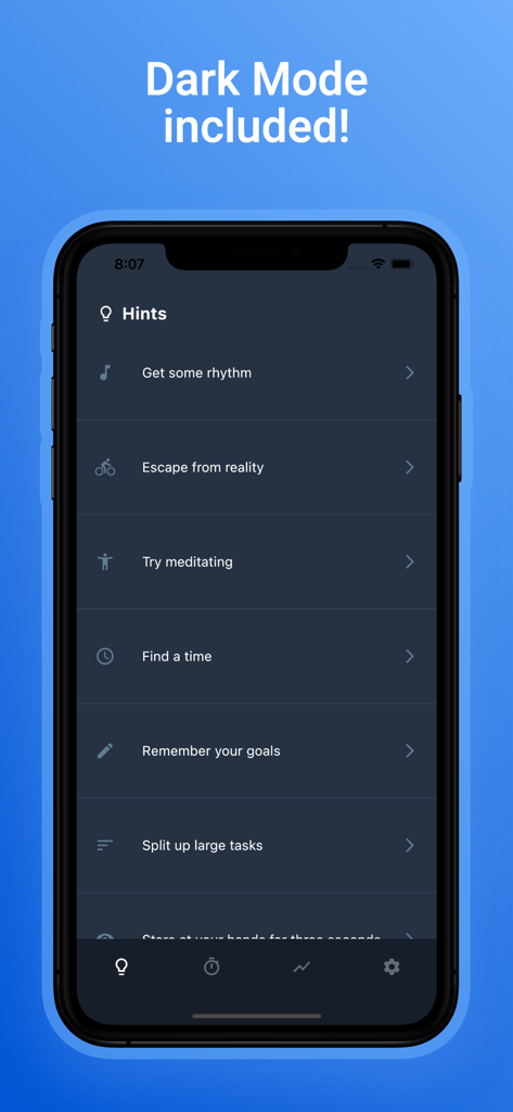 Focusi: Study Timer - Focusi app Hints screen showing productivity tips in a sleek Dark Mode interface.