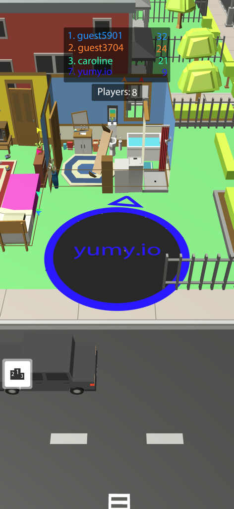 yumy.io - Black Hole Games - Captura de pantalla del juego de yumy.io mostrando un agujero negro en el interior de una casa 3D con una tabla de clasificación