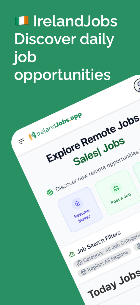 IrelandJobs - Daily Irish Jobs - IrelandJobs app interface showing remote job search options and resume builder