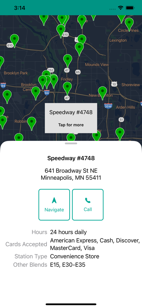 E85 Stations USA - Map view and station details for Speedway gas station in Minneapolis in the E85 Stations USA app