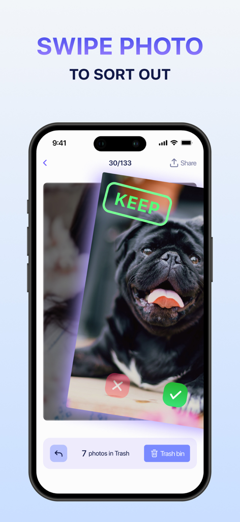 Smartphone screen showing a gamified swipe gesture to organize and clean up photos