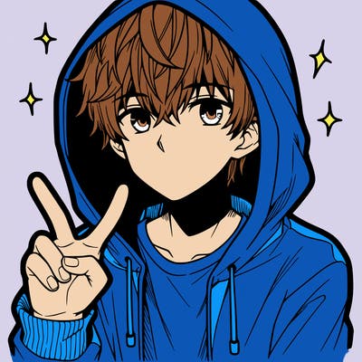 teenage manga boy in a hoodie, doing ✌