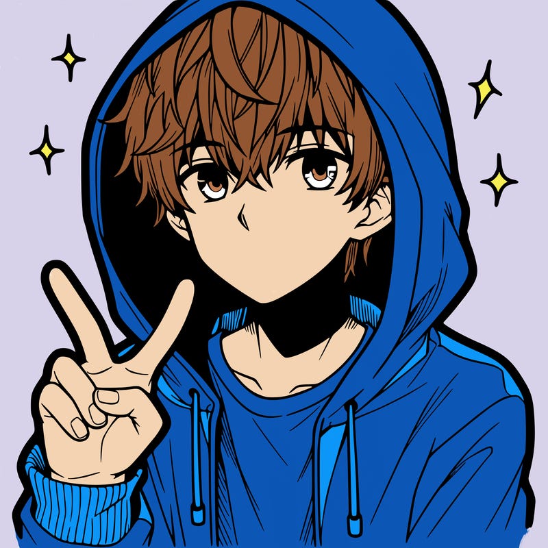 teenage manga boy in a hoodie, doing ✌