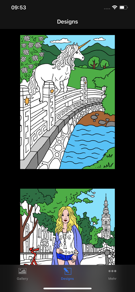 Dress and Color Me - お絵かきアプリのインターフェース。ユニコーンと少女の完成したイラストが表示されています。