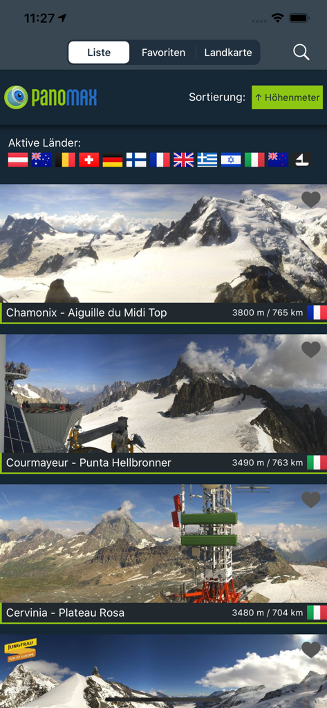 PANOMAX - live 360° webcams - PANOMAX app screen showing a list of live high resolution mountain webcams including Chamonix and Courmayeur.