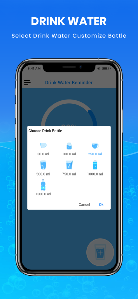 Aqualert : Stay Hydrated - Aqualert app interface for selecting water bottle size and drink volume