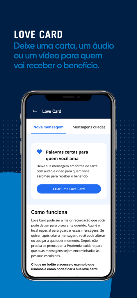 Prudential Seguros - Funcionalidade Love Card da aplicação Prudential Seguros para deixar mensagens a beneficiários