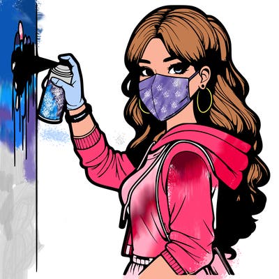 realistic girl with mask spray painting a wall