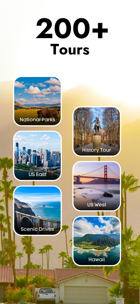 국립공원, 역사 투어, 미국 동부, 미국 서부, 경치 좋은 드라이브, 하와이를 포함한 200개 이상의 투어 옵션을 보여주는 모바일 앱 화면.