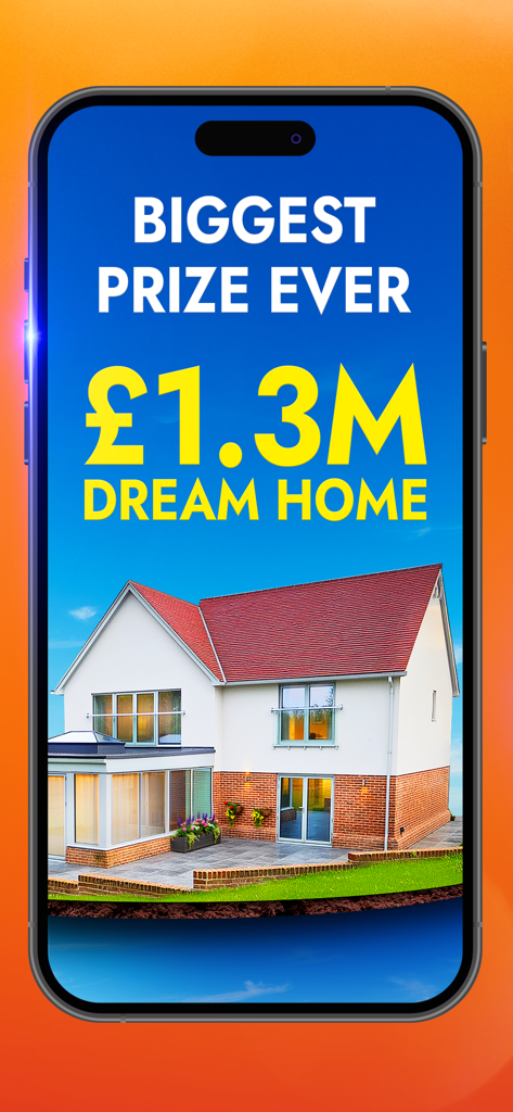 BOTB - Win Your Dream Car - Captura de pantalla de la aplicación móvil anunciando una casa de ensueño valorada en un punto tres millones de libras