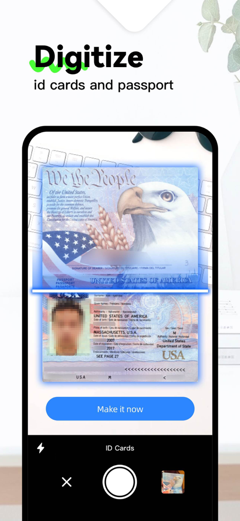 MobiScanner - PDF Scanner App - スマートフォンカメラを使用して米国パスポートとIDカードをデジタル化しているMobiScannerアプリのインターフェイスを示しています