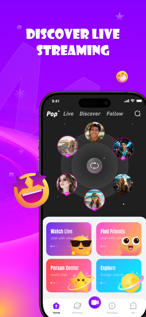 Moma Live App-Bildschirm zum Entdecken, der Benutzerprofile und Funktionen für soziale Interaktion zeigt