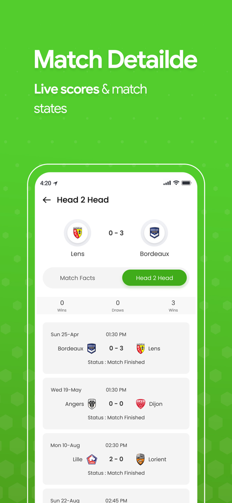 Interfaccia di un'app mobile che mostra statistiche di partite di calcio testa a testa e punteggi storici tra le squadre.