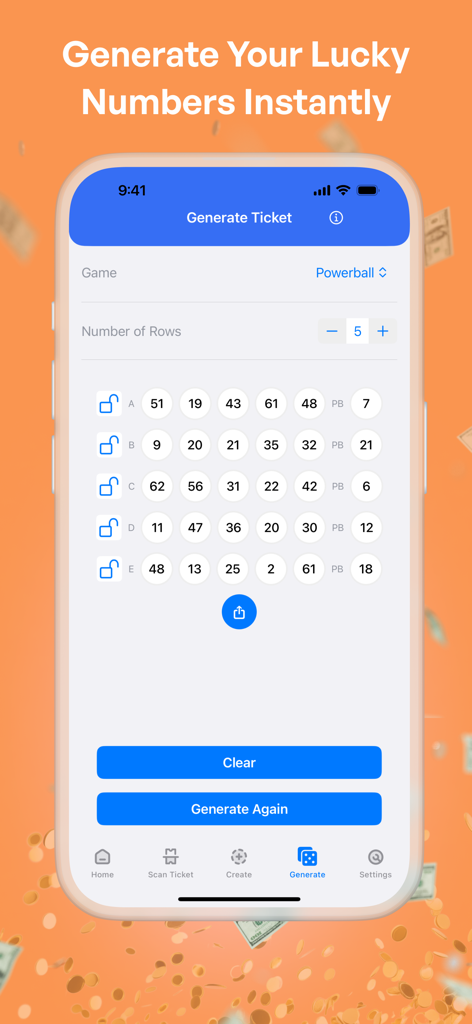 Scan Lottery Ticket Now - Une interface d'application mobile montrant un générateur de numéros de loterie pour le Powerball avec cinq lignes de numéros porte-bonheur.