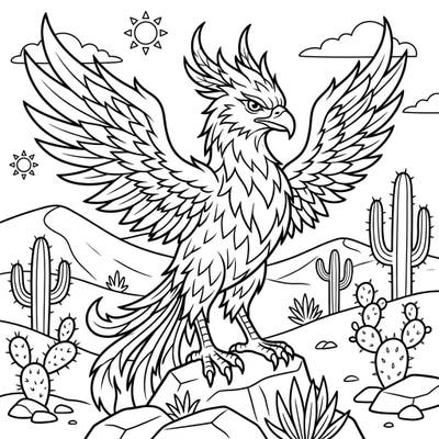Embark on an adventure with this exciting Desert Phoenix coloring page, perfect for young artists. Watch as this legendary bird comes to life with every crayon stroke, set against a fun desert backdrop.