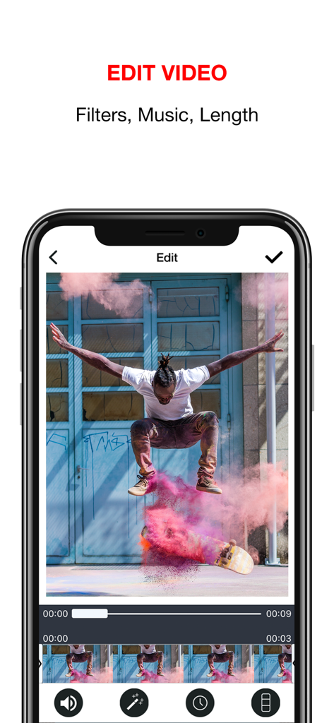 Video editing interface showing tools for filters music and length to create live wallpapers