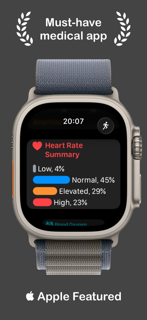 Apple Watch showing CardioBot heart rate summary with color-coded health data zones