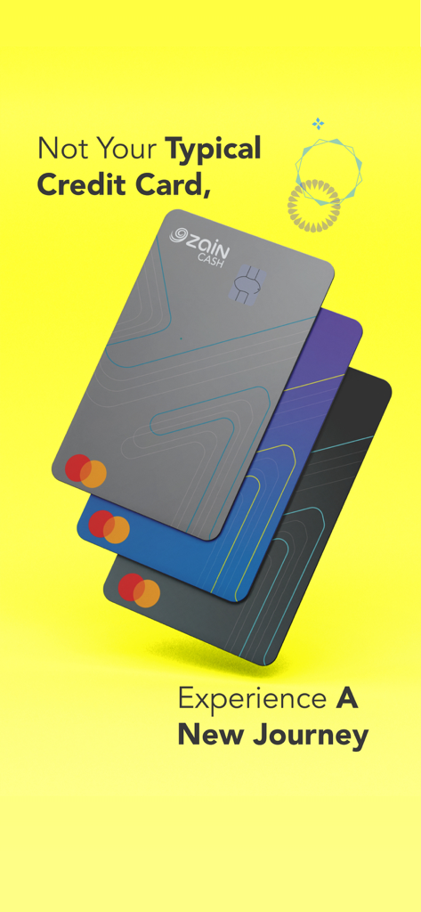 Zain Cash Jordan - Three Zain Cash Mastercard credit cards in grey, blue, and black colors displayed on a vibrant yellow background with promotional text.