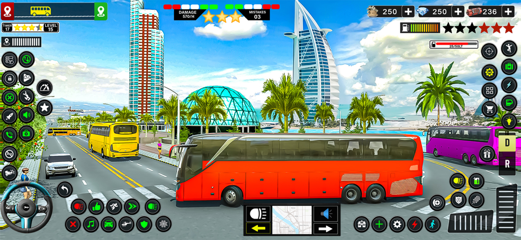 Real Bus Simulator: Ultimate - Un autobús de pasajeros rojo conduciendo por una soleada ciudad costera con una interfaz de juego realista y palmeras
