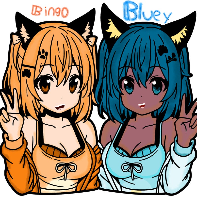anime twin girls doing peace sign with pointy dog ears head band with dog tail
