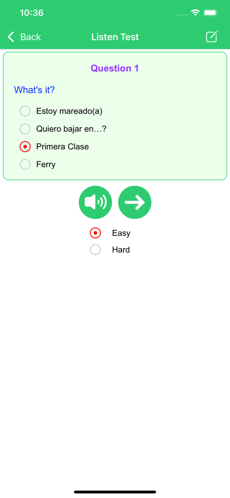 Learn Spanish Language Offline - Interface of a Spanish language listening test with multiple choice answers.