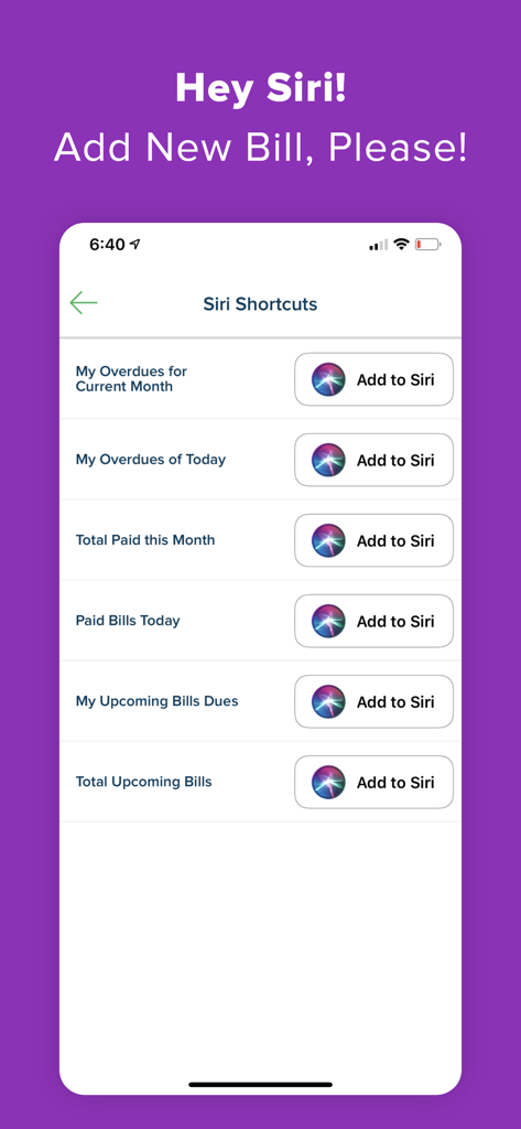 Interface for adding Siri Shortcuts to the Bill Organizer app for voice-controlled financial management.