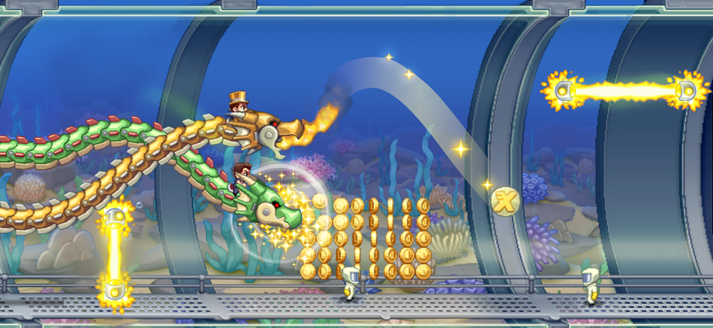 Gameplay di Jetpack Joyride con Barry Steakfries che cavalca draghi meccanici e raccoglie monete in un laboratorio sottomarino.
