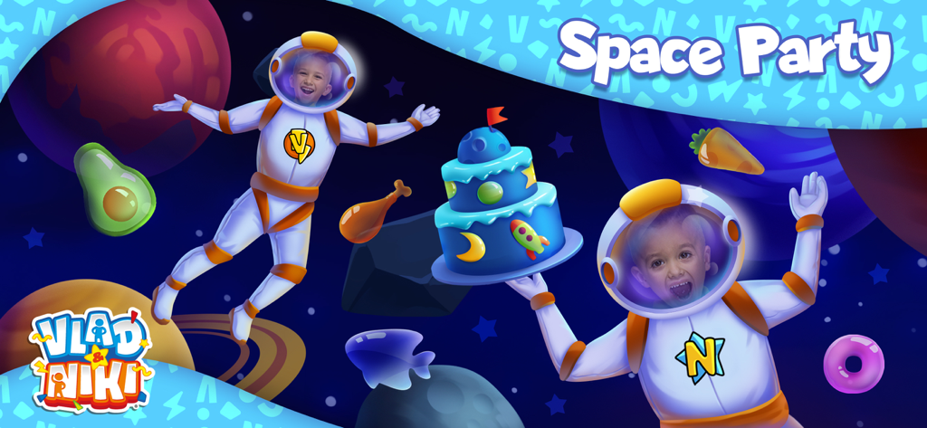Vlad and Niki dressed as astronauts celebrating a space party with a birthday cake