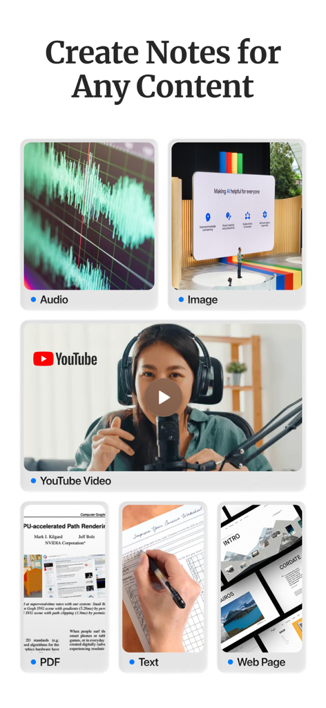 오디오, 이미지, YouTube 동영상, PDF, 텍스트 및 웹 페이지에서 노트를 생성하는 HyNote의 기능을 보여주는 그래픽.