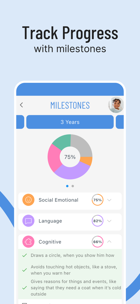 Ein Screenshot der Inspired Minds App, der den Fortschritt eines Kindes bei der Entwicklung von sozialen, sprachlichen und kognitiven Meilensteinen anzeigt.