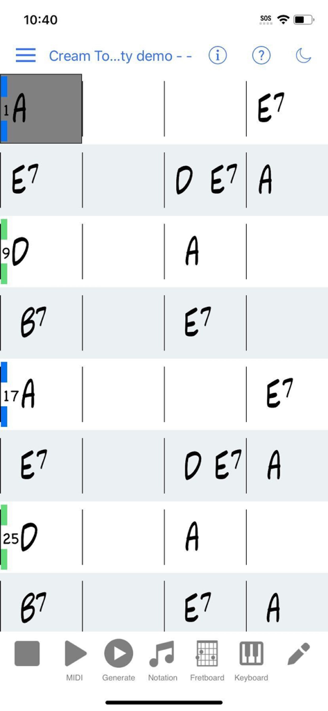 Band-in-a-Box mobile app interface displaying musical chord progressions on a digital lead sheet