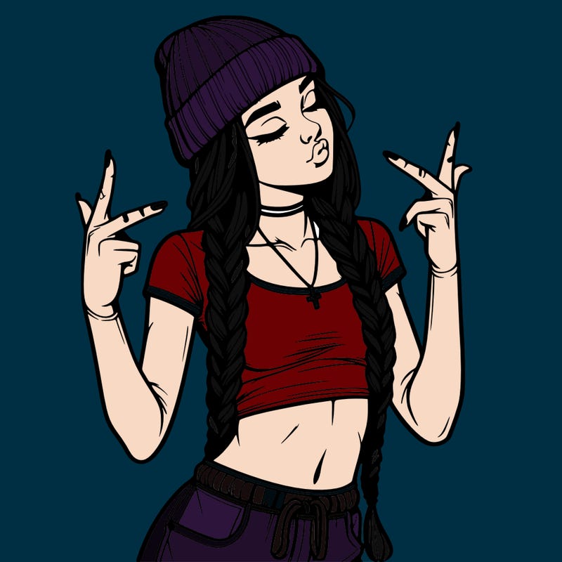 realistic teenage girl with braids and a beanie and crop top doing 🫶🏼