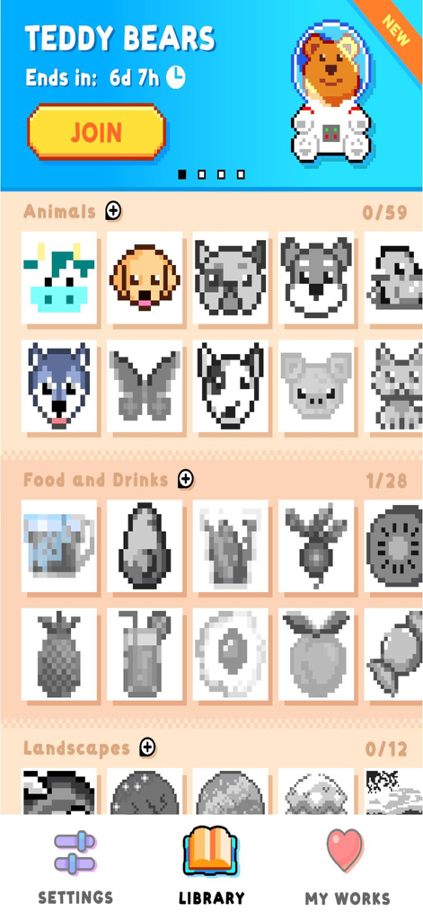 Color by Number - Painting - Library interface of a pixel art coloring app displaying various categories like animals, food, and landscapes.
