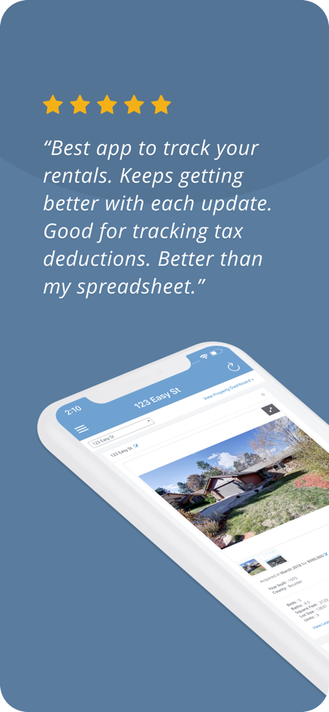 Stessa: Smart Rental Manager - A five star user review for Stessa Smart Rental Manager highlighting its efficiency for tracking rentals and tax deductions over spreadsheets.