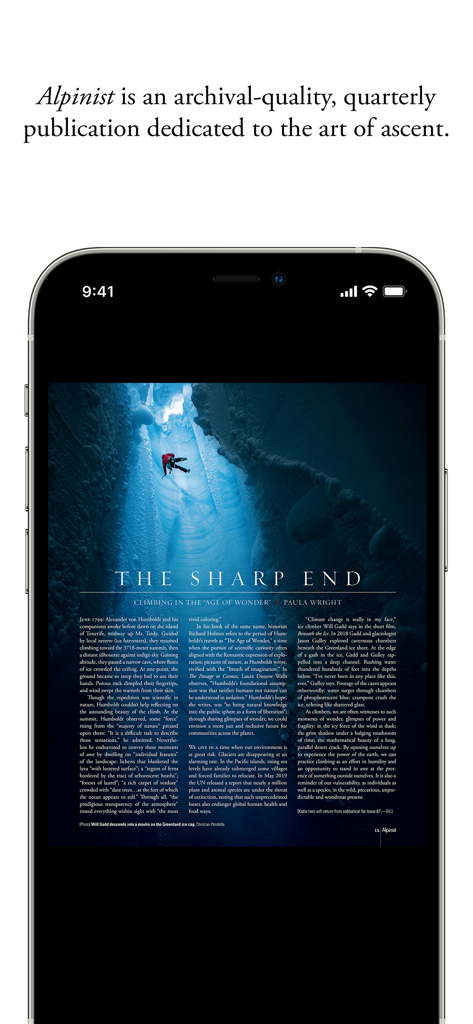 Smartphone-Bildschirm mit einem langen Kletterartikel mit dem Titel 'The Sharp End' und professioneller Bergfotografie.