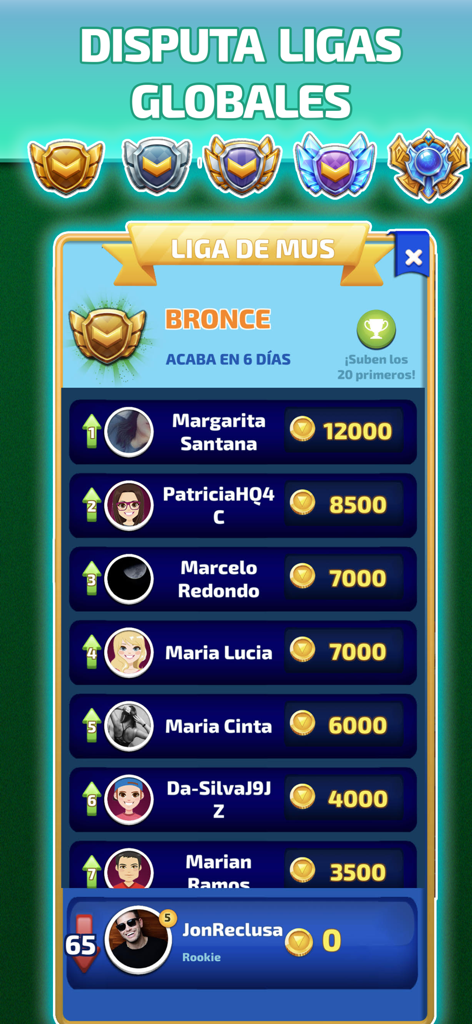 Clasificaciones globales y rankings de jugadores en el juego de cartas móvil Mus Online Maestro.