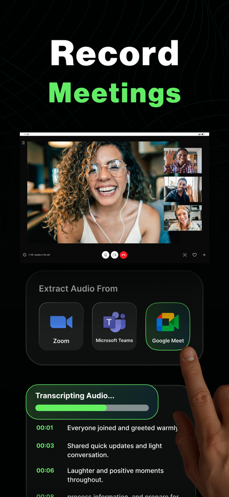 AI Note Taker- Meeting Minutes - AI Note Taker interface showing meeting recording and transcription from Zoom Microsoft Teams and Google Meet