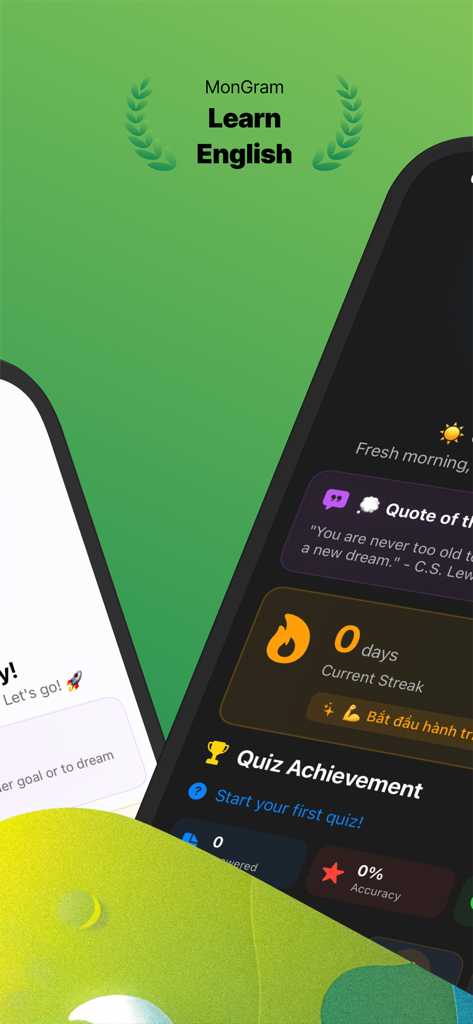 MonGram English - MonGram Englishアプリのインターフェース。毎日の学習記録と文法クイズの達成状況が表示されています。