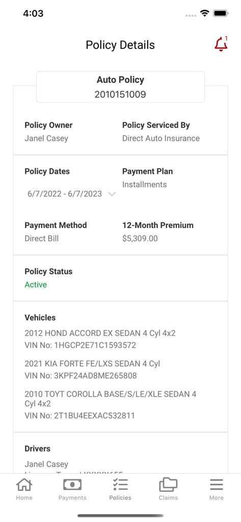 Policy Details screen in the Direct Auto Insurance app showing coverage information and a list of insured vehicles