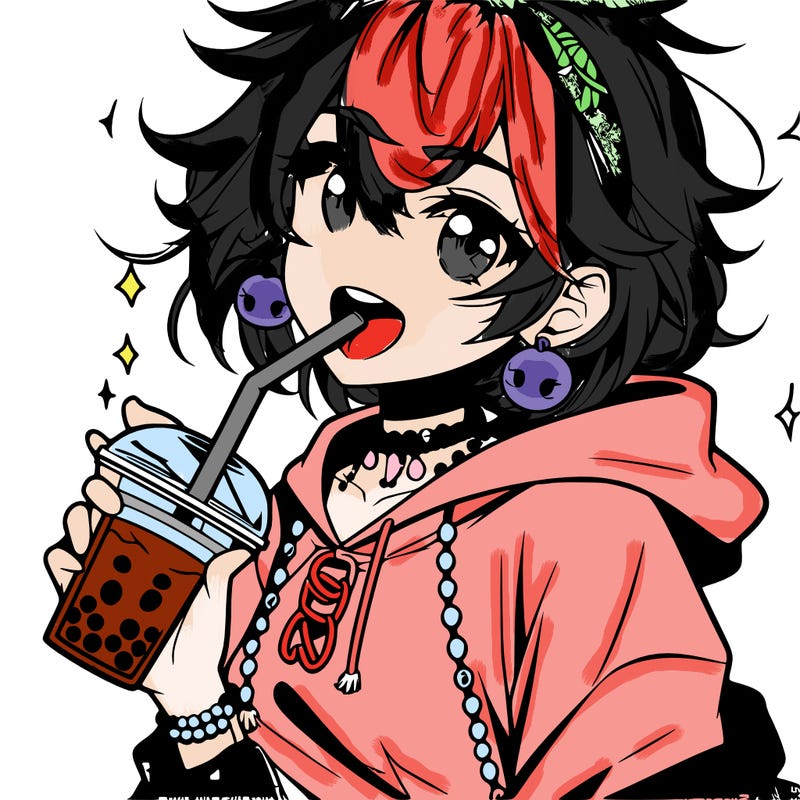 hot baddie anime girl drinking boba and biting the straw