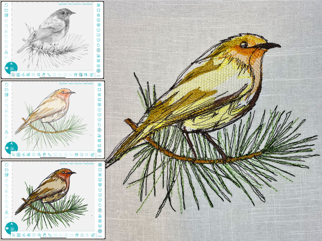 Embroidery Design Doodler - Process of converting a bird sketch into a finished embroidery design using the iPad app