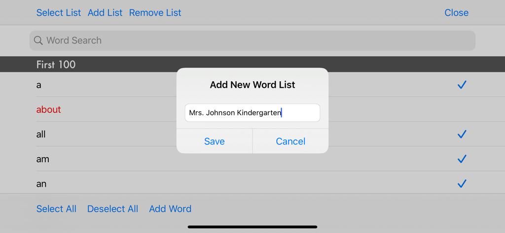Fun Sight Words - Screen showing the add new word list feature for custom classroom sight words