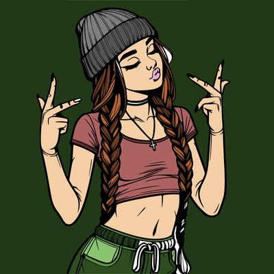 realistic teenage girl with braids and a beanie and crop top doing 🫶🏼