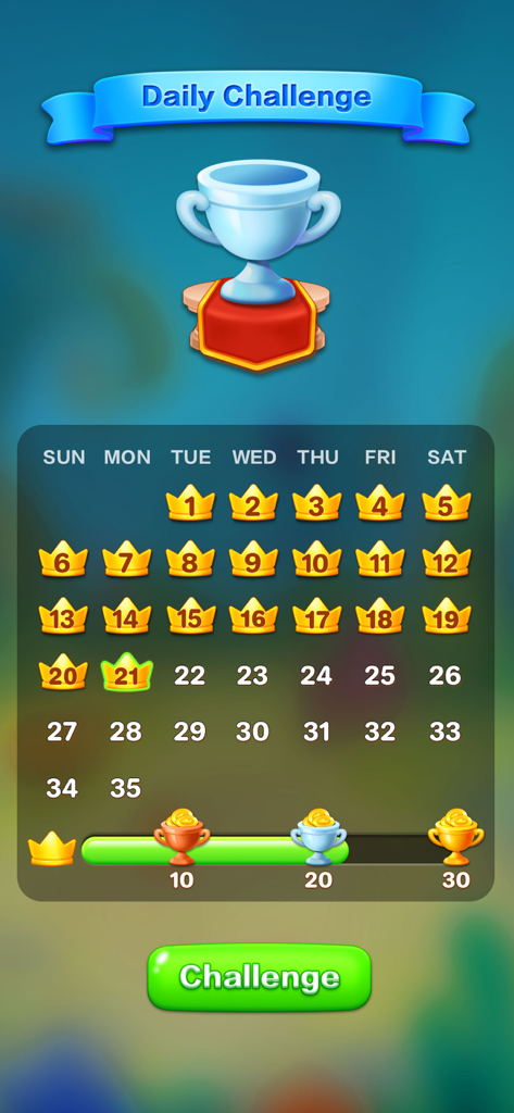 Solitaire Fish: Card Game - Calendário de desafios diários em Solitaire Fish mostrando dias concluídos com coroas e marcos de troféus