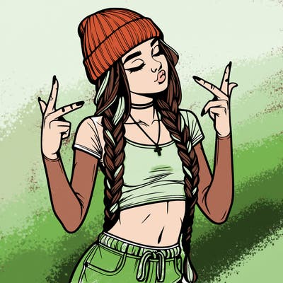 realistic teenage girl with braids and a beanie and crop top doing 🫶🏼