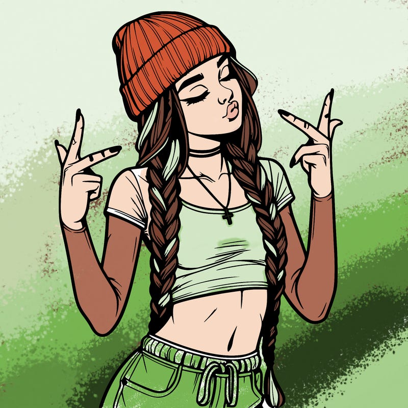 realistic teenage girl with braids and a beanie and crop top doing 🫶🏼