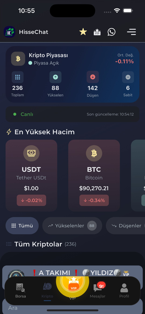 HisseChat - Mobile app interface for HisseChat showing cryptocurrency market data and real time prices