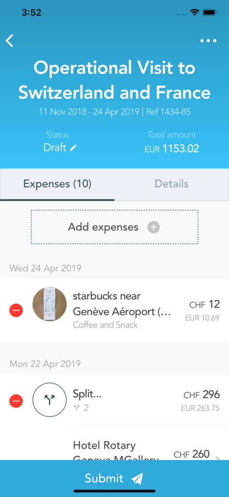 SpendCatcher by Mobilexpense - Mobile Bildschirmansicht eines Entwurfs einer Geschäftsreisekostenabrechnung mit verschiedenen Kosten wie Hotel und Verpflegung in verschiedenen Währungen