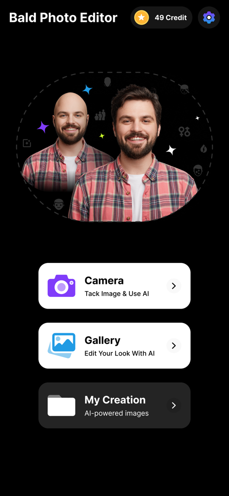 AI Bald Camera Photo Editor - Menu principal de l'application Éditeur de Photos Chauve IA montrant les options pour la caméra, la galerie et les créations enregistrées avec un aperçu du filtre chauve